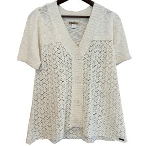 Billabong Ivory Crochet Open Knit Button Down Cardigan Size Medium Surf Beach